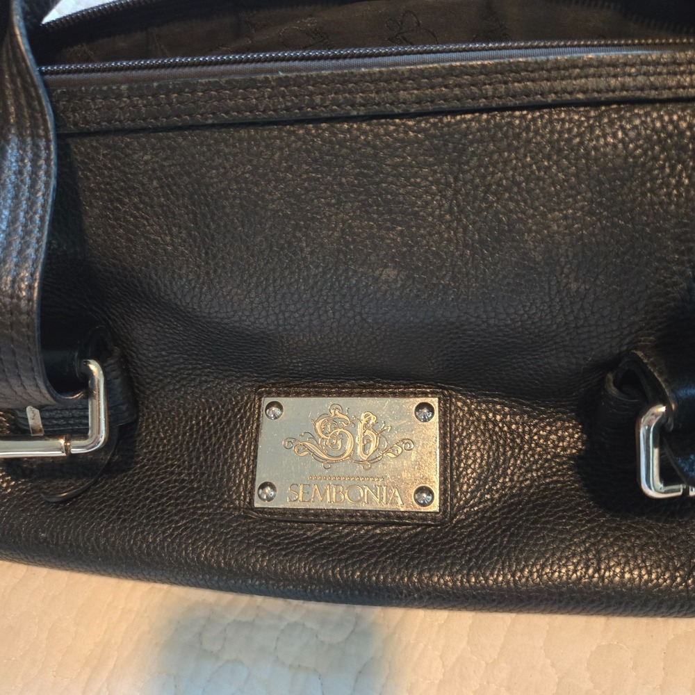 Sembonia Black Pebble Leather Medium Handbag 2 Adjustable Straps Light Fraying
